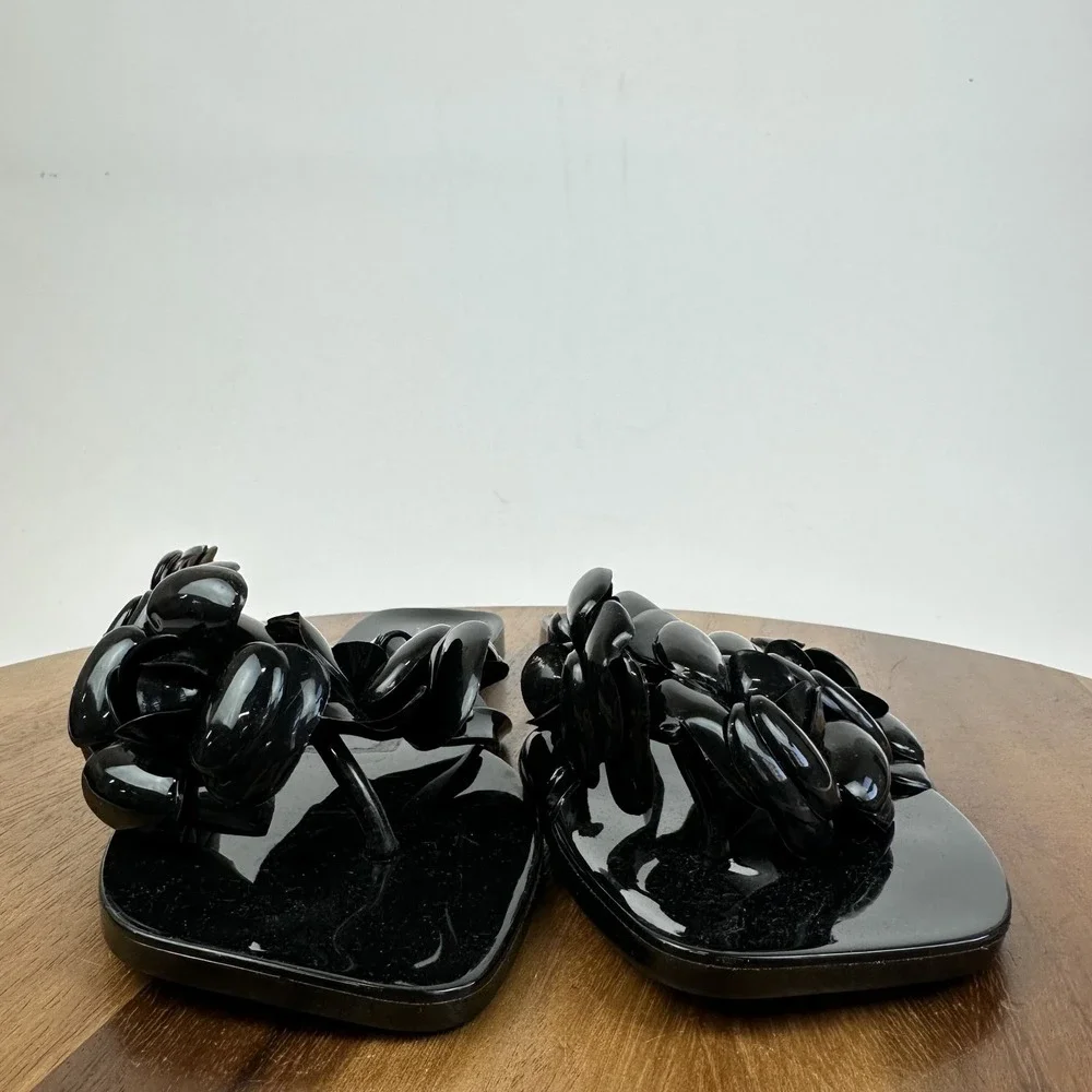 New Womens Jeffrey Campbell Floralee Black Matte Jelly Flip Flops Sandal Size 10
